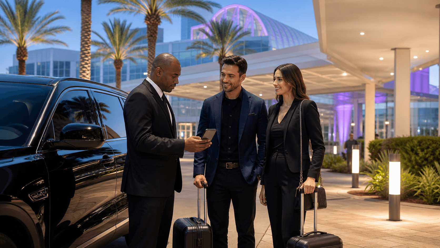 Black luxury sedan waits curbside at Orlando airport beneath glowing terminal lights at dusk.