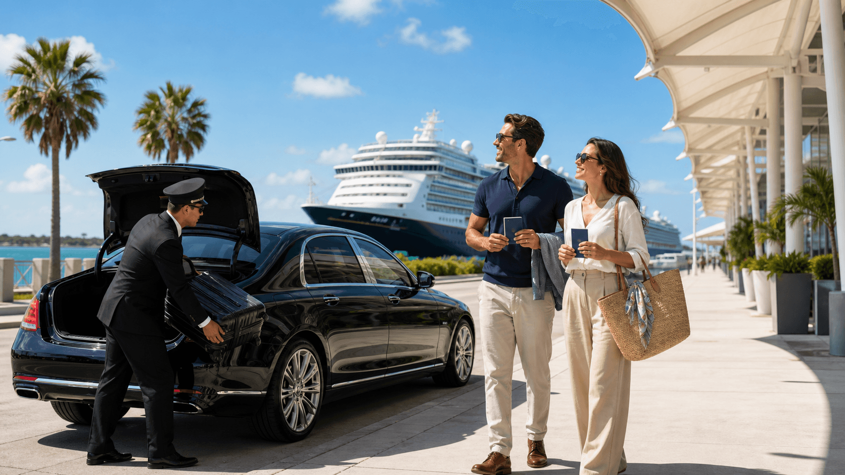 Black luxury sedan parked by a sunlit cruise terminal, palm trees and a large ship in the background.