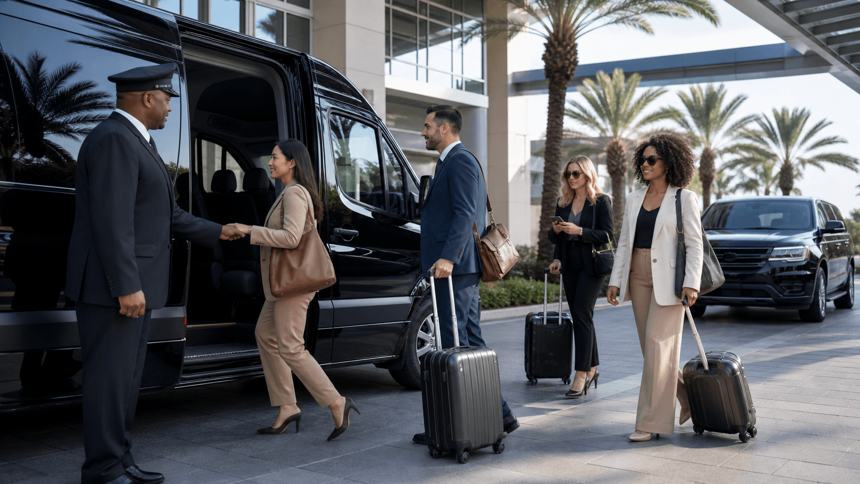 Black luxury van parked by palm trees at sunset, Orlando skyline in the background, warm golden lighting