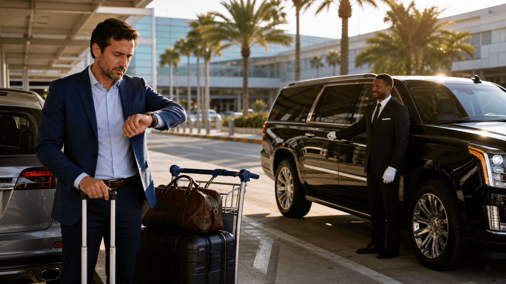 Traveler with luggage checks a phone beside a clock at an Orlando airport curb under warm sunset light.