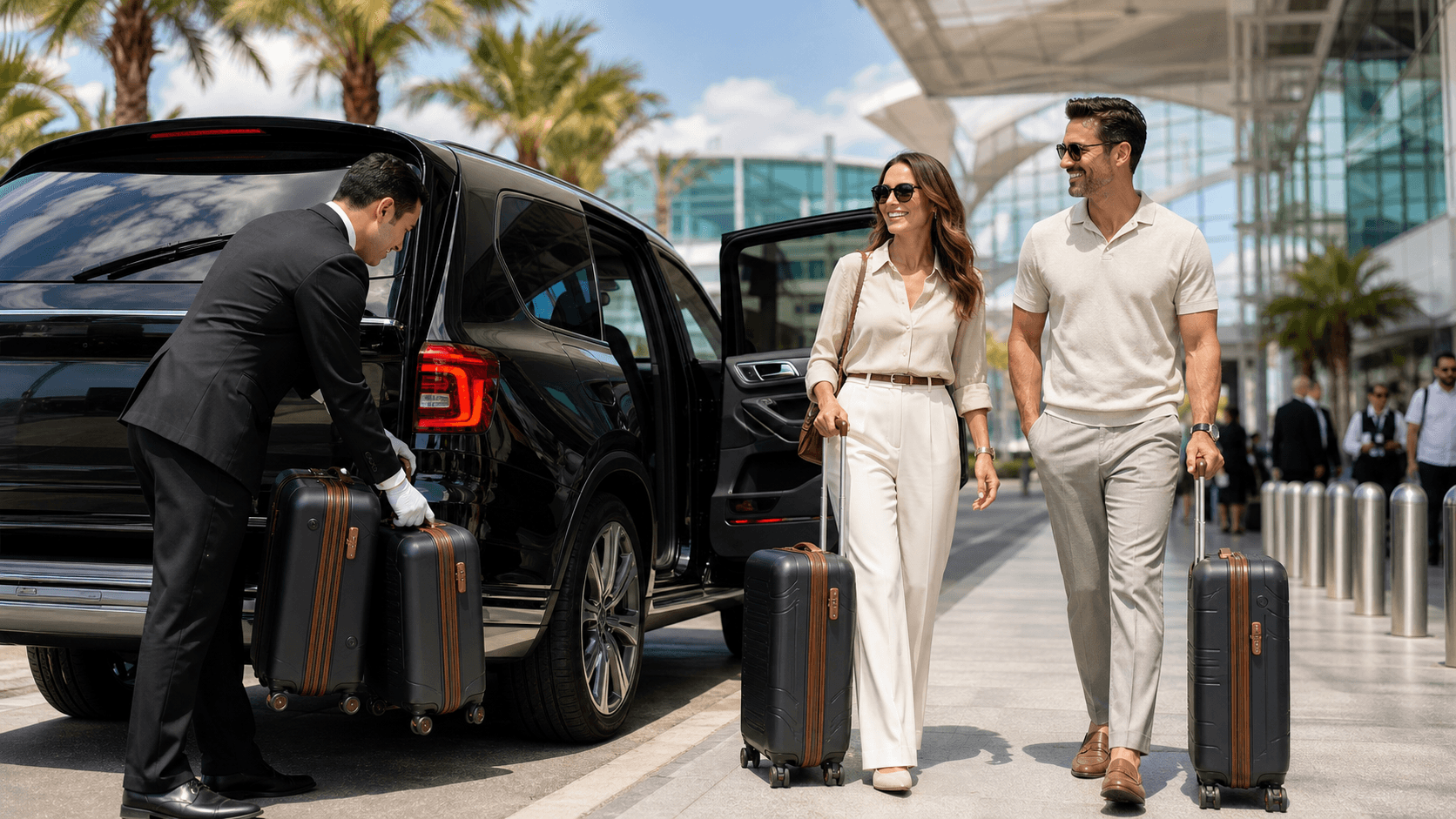 Sunlit airport curbside with a shuttle van, rolling suitcases, and a family walking toward the terminal under blue sky