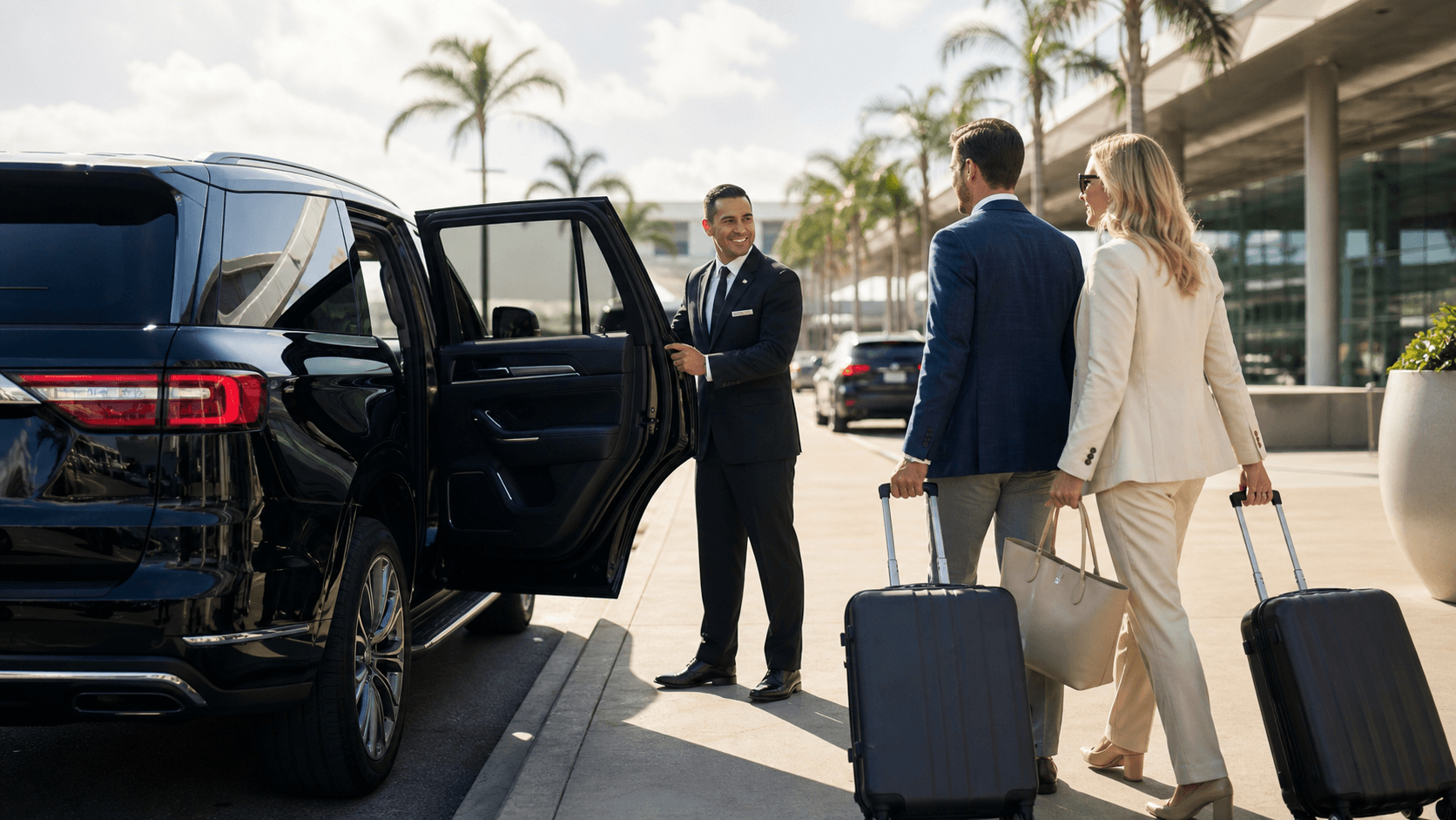 Black luxury sedan in foreground with palm-lined Orlando street, bright summer sunlight and soft blue sky backdrop