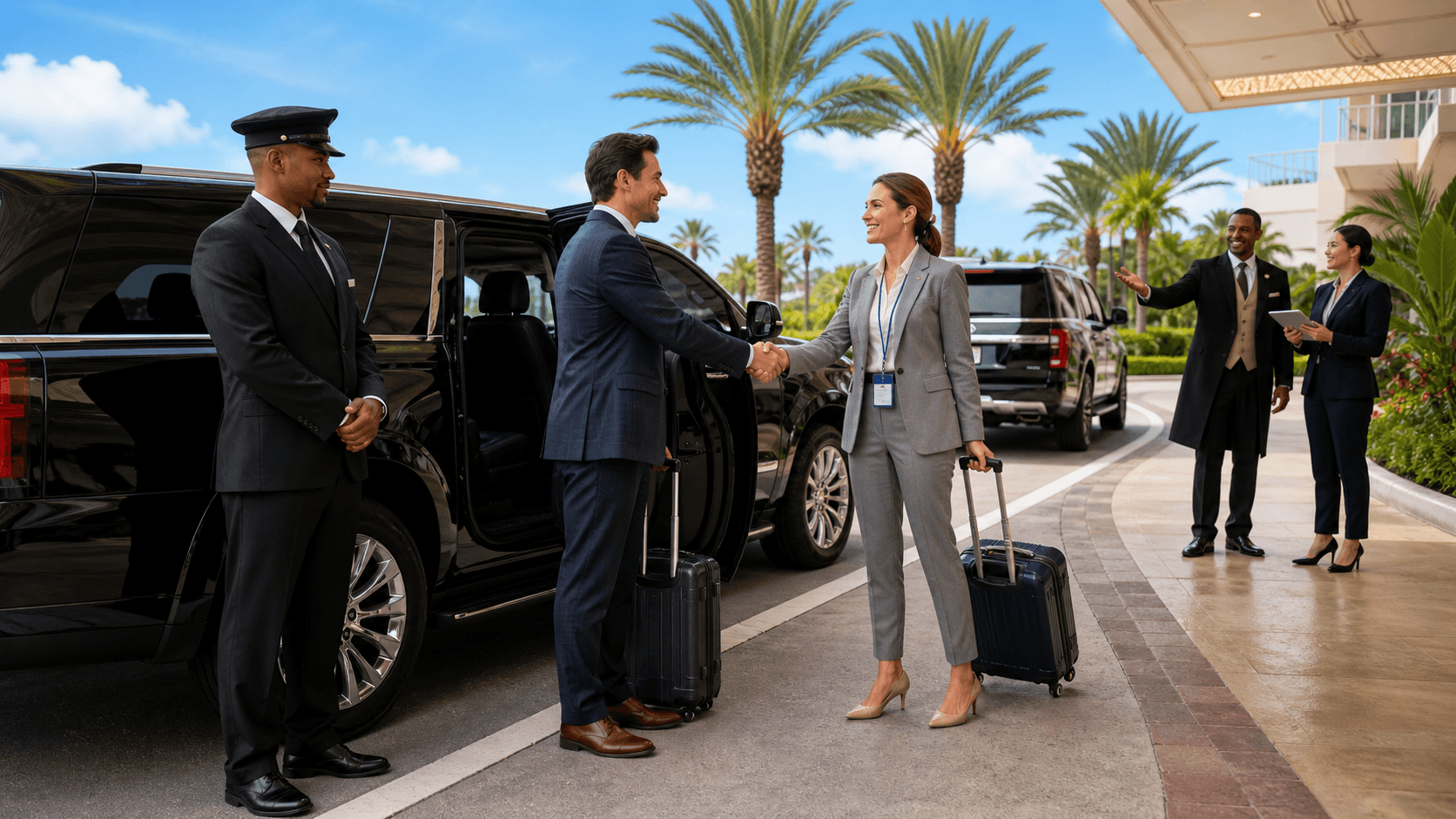 Shuttle van pulling up to a sunlit Orlando resort entrance with palm trees, guests, and luggage in the foreground