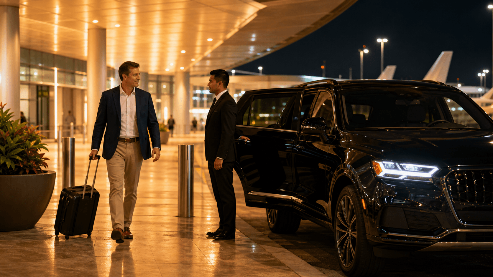 Black luxury sedan waits curbside under bright airport lights beside a glowing terminal at night.