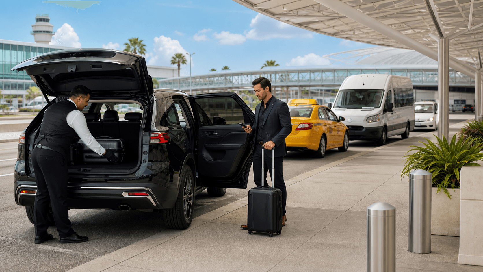 Blue airport terminal scene with a shuttle van, taxi, rideshare car icons, and luggage in bright daylight