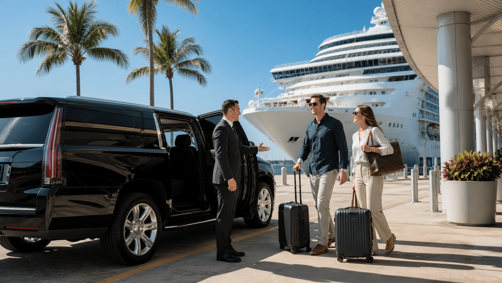 Cruise ship beside a sunny terminal with a shuttle bus and palm trees under a bright blue sky