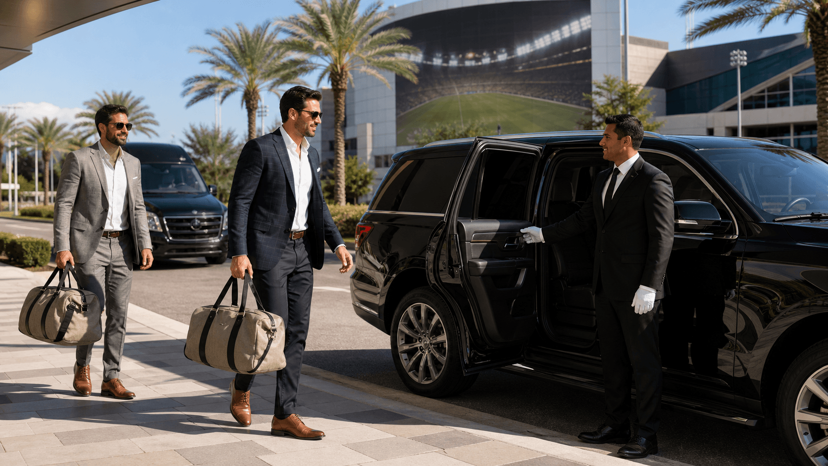 Black luxury SUV waits beside a stadium entrance under warm evening lights.