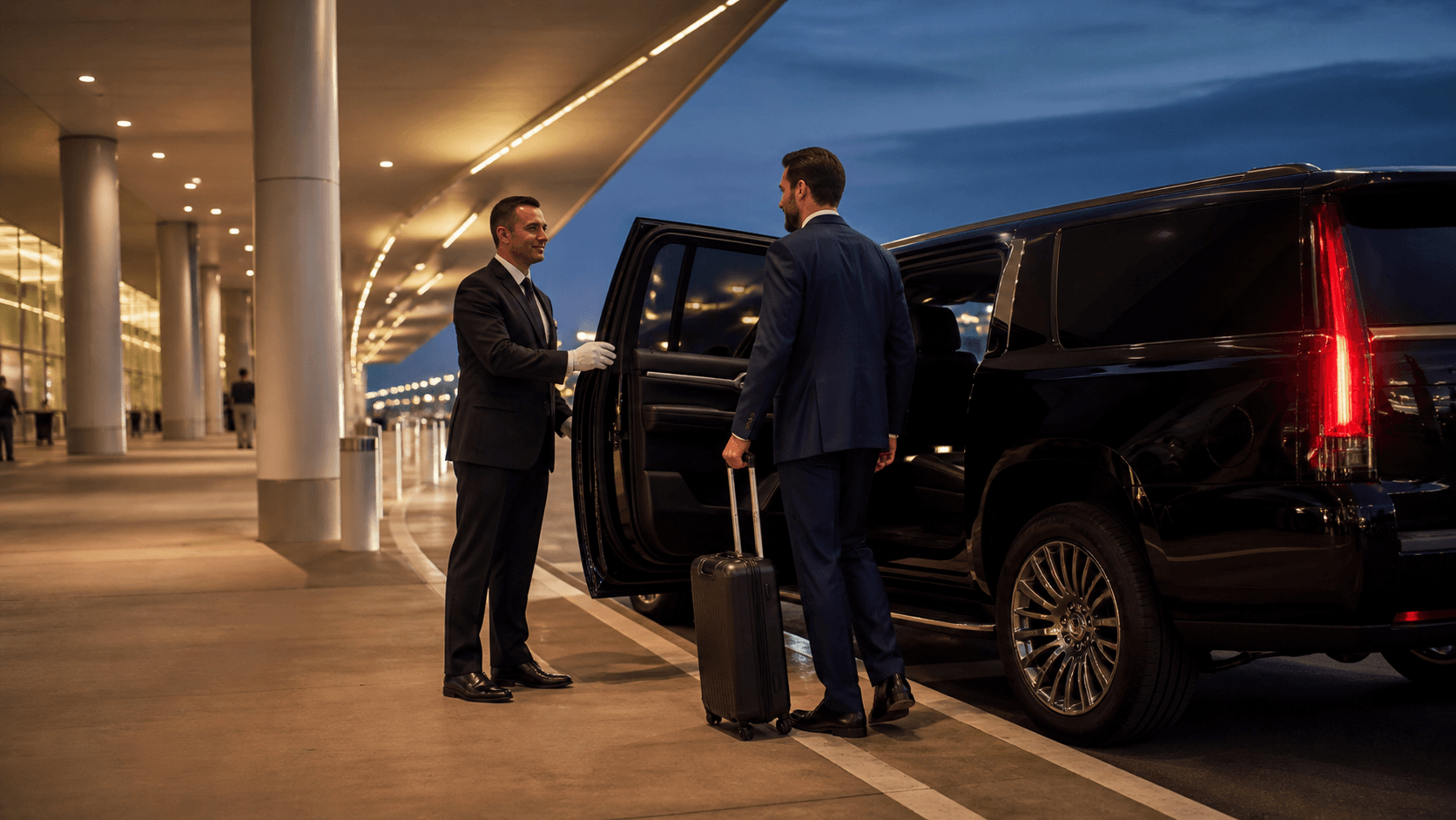 Black luxury SUV waits curbside outside an airport terminal at night under glowing blue and white lights.