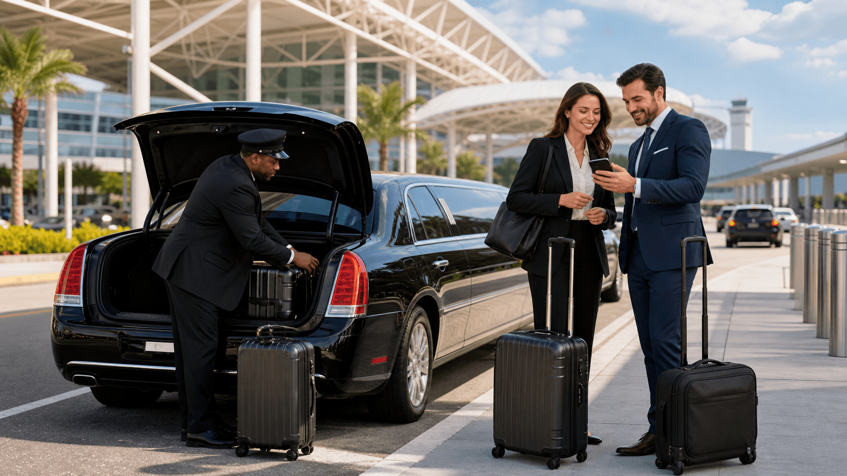 Black stretch limousine at an airport curb at dusk, warm terminal lights behind and a suitcase in the foreground