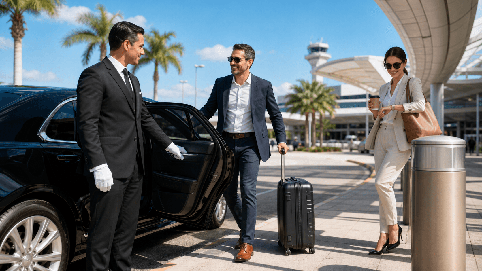 Sunlit airport terminal with a black luxury sedan at the curb, palm trees and a runway visible in the background