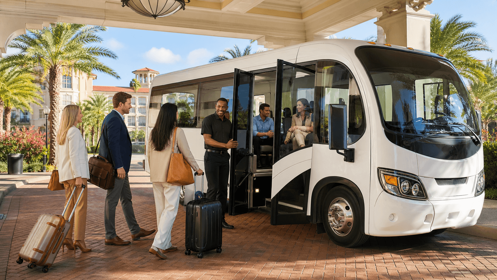 White hotel shuttle van parked beneath palm trees in bright Orlando sunshine.