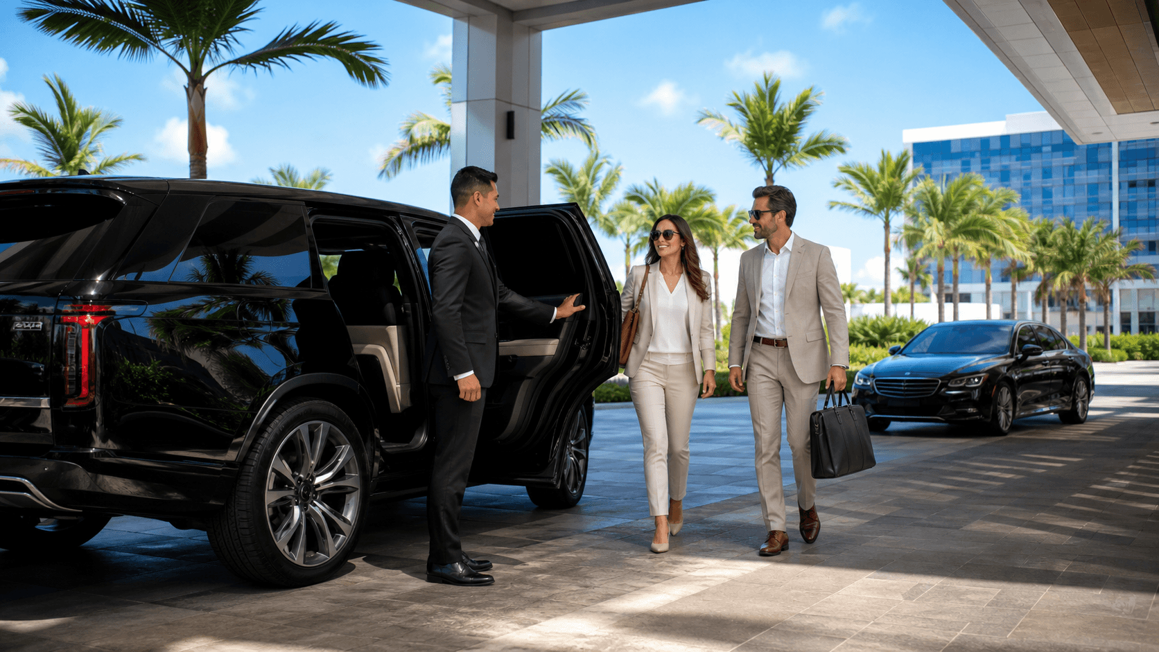 Black luxury SUV parked under palm trees at sunset, warm orange sky reflecting on glossy windows